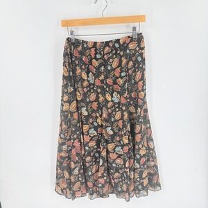 Vintage Skirt Black Fall Leaves Floral M Midi Chiffon Flowy Cottagecore